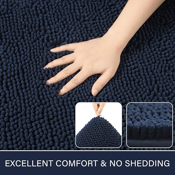 LOCHAS Luxury Bathroom Rug Shaggy Bath Mat 24 x 44 Inch, Navy | Washable Non Slip Bath Rugs for Bathroom Shower, Soft Plush Chenille Absorbent Carpets