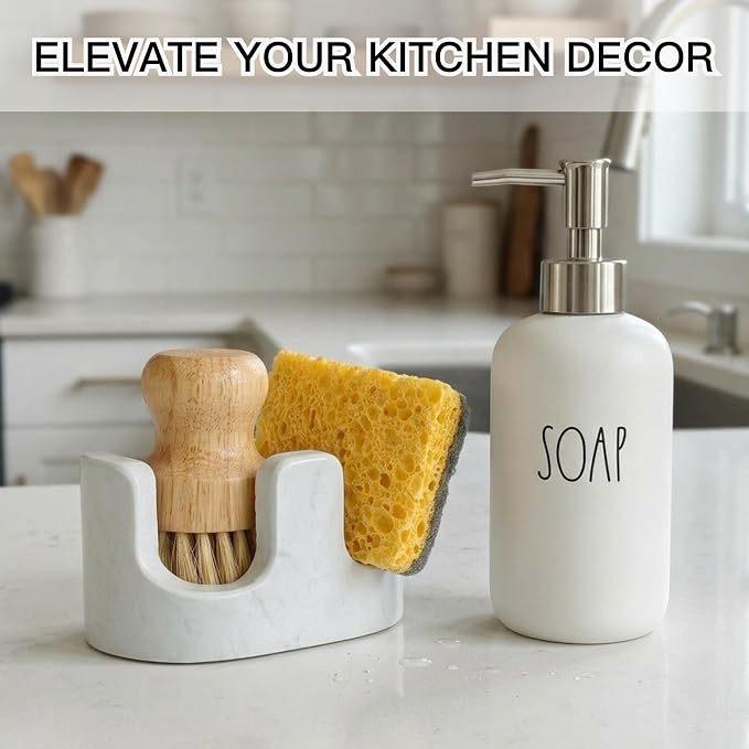 White Marble Sponge Holder for Kitchen Sink, 2-in-1 Sponge & Brush Holder with Raised Edge, 2 Slot Natural Stone Sink Caddy for Countertop, Keeps Countertops Dry, Non-Slip Base, Modern Kitchen Decor