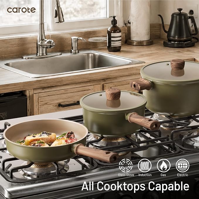 CAROTE 21pcs Ceramic Cookware Set Nonstick Pots and Pans set, Induction Cookware Set Kitchen Cooking Sets, Pot and Pan Non Stick w/Frying pan (PFAS Free), Green