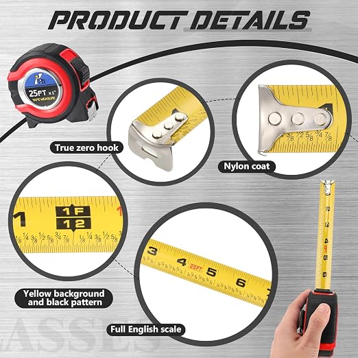 Youyole 10 Pack Tape Measure with Fractions 1/8 Steel Measuring Tape Retractable Easy Read Measurement Ruler Steel Power Blade (25 ft X 1 in,Red)
