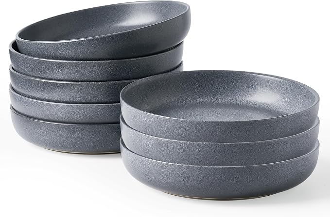 famiware Milkyway Pasta Bowls Set of 8, 33 oz Large Salad Bowls, Double Reactive Glaze, Sturdy & Stackable, Ideal for Housewarming, Festivals, Matte Dark Charcoal