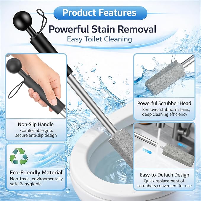 4-Pack Pumice Stone Cleaner with Handle & No-Touch Heads - Hard Water Ring, Limescale & Rust Remover for Toilet, Tub, Tile, Sink, Pool & Grill Surfaces(Black)