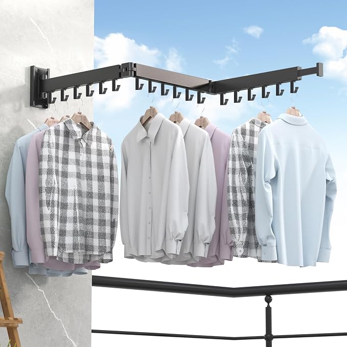 ZdwCyl Clothes Drying Rack Wall Mounted,Laundry Rack Wall Wount,Drying Rack Clothing for Laundry,Retractable Dryer Racks,Wall Mounted Drying Rack Collapsible, Black, Sandy Coating,3z-b01