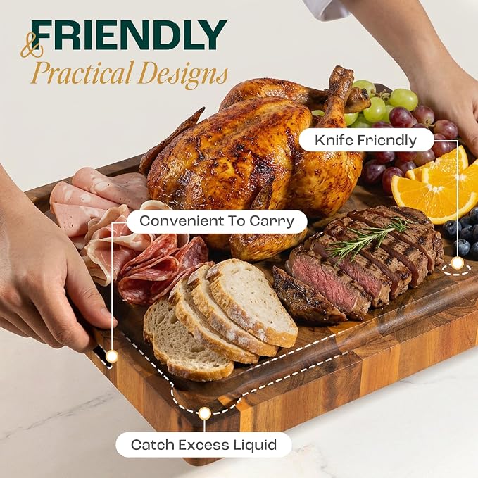 Yes4All Durable Acacia Cutting Boards for Kitchen, [17''Lx13''Wx1.5” Thick] Medium End Grain Cutting Board, Pre Oiled Wood Cutting Boards, Thick Chopping Board w/Juice Grooves and Easy Grip Handle