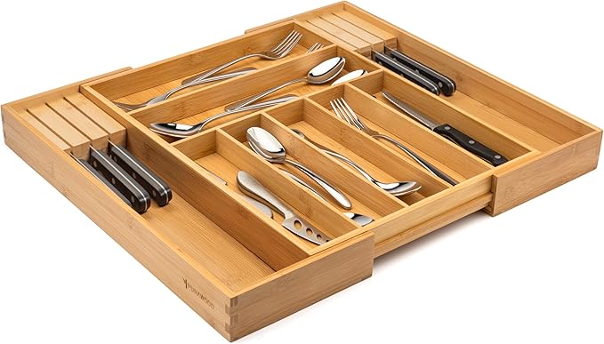 Purawood Bamboo Drawer Organizer with Knife Blocks - Silverware Organizer & Utensil Drawer Organizer, Cutlery Tray with Dividers, 7-9 Slots- Premium Kitchen Organizer for Utensils & Flatware (Natural)