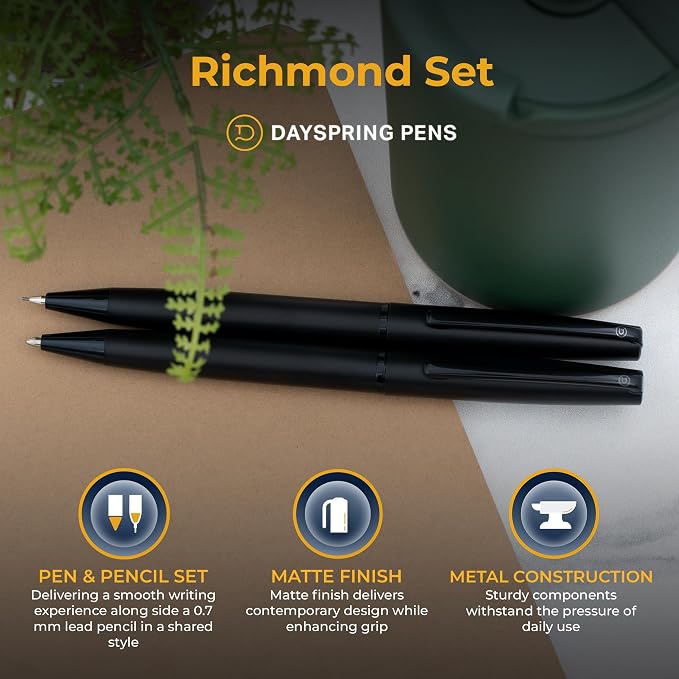 Dayspring Pens Richmond Engraved Ballpoint Pen and 0.7mm Pencil Set, Matte Black, Parker G-2 Compatible Ink, Personalized Gift for Graduation, Career Advancement, New Job, Birthdays, Gift Box Included