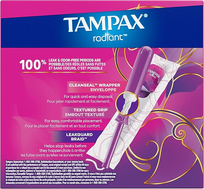 Tampax Radiant Tampons for Women Multipack,with LeakGuard Braid,Regular/Super/Super Plus Absorbency,Unscented,112 Count (Pack of 2)