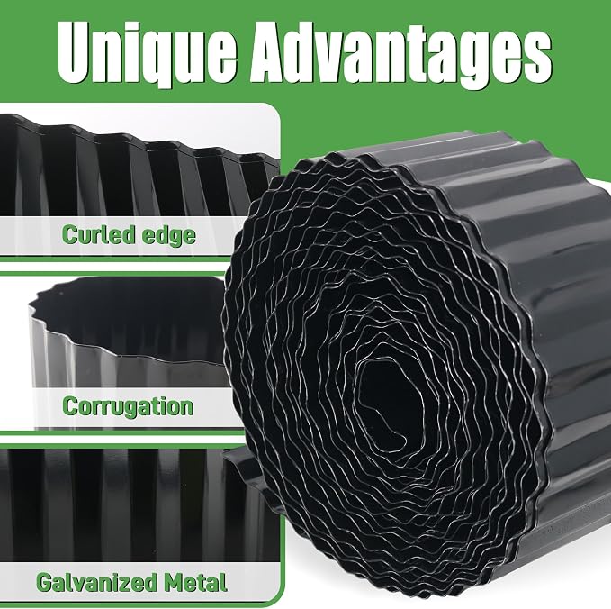 Quibbay Metal Corrugated Garden Edging, Landscape Edging for DIY Flower Beds, Flexible Bender Border for Lawn, Garden and Yard, Galvanized Garden Edging (Black, 6 Inch x 50FT)