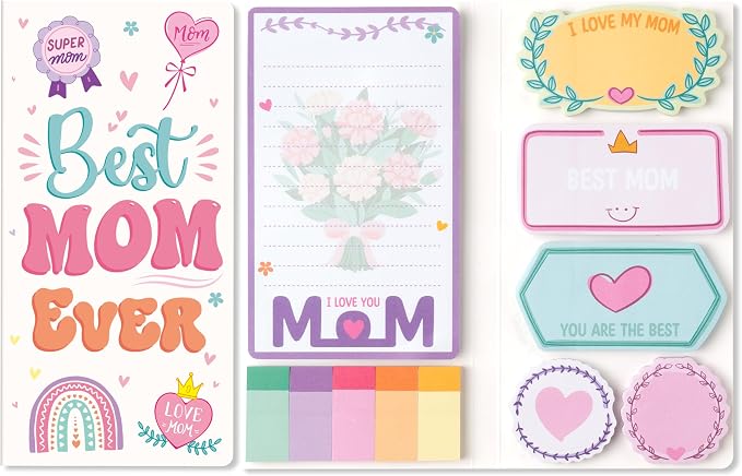 Xqumoi Mother's Day Sticky Notes Set - 550 Sheets Best Mom Ever Self-Stick Note Pads Floral Heart Divider Tabs Bundle Memo Pad, Mother's Day Birthday Gifts for Mom Wife Grandma