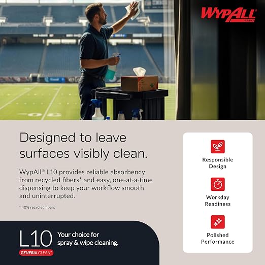 WypAll GeneralClean L10 Cloths Light Cleaning Wipes (05322), Pop-Up Box, Bulk Paper Wipers, White (18 Packs of 125 Sheets, 2,250 Sheet Total)