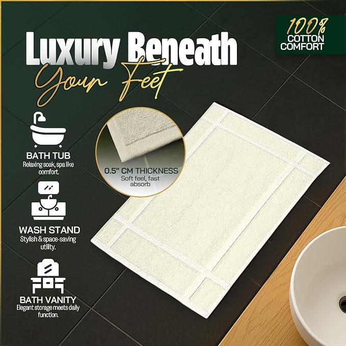 Pearl Linens Pack of 6 100% Cotton Bath Mat 18x25 inches, Soft & Absorbent Quick Dry Bathroom Mat Set, Not Bathroom Rugs, After Shower Mat, Bath Tub Mat, 781 GSM, Machine Washable, Ivory