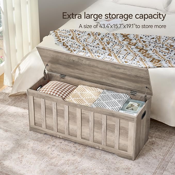 VANKILEY 43.3" Storage Chest Extra Large,Storage Trunk with 2 Safety Hinges,Wooden Storage Bench,Shoe Bench,43.3x15.7x19.1 Inch,Easy Assembly,Storage Bench for Bedroom,Living Room,entryway(Greige)