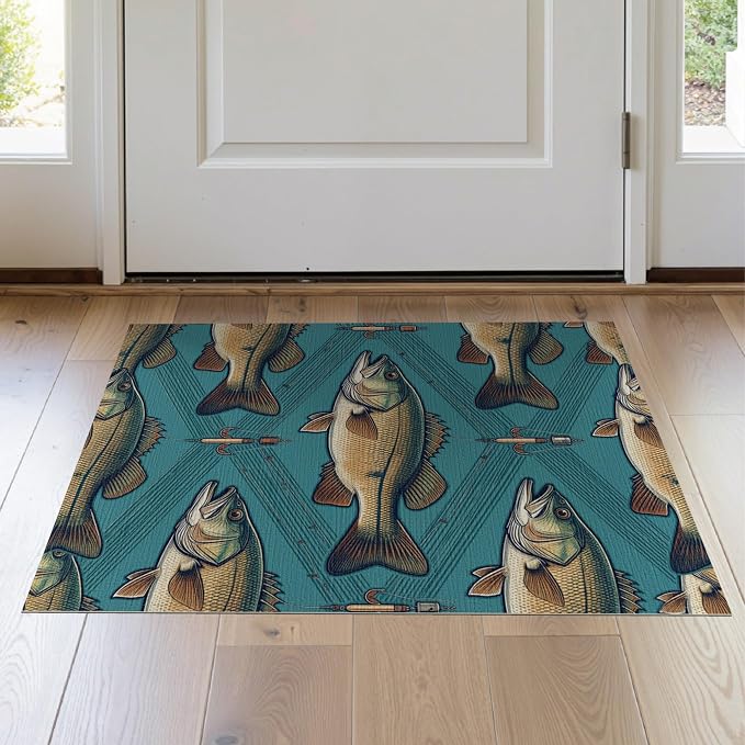 2'x3' Washable Area Rug Bass Trophy Catch Vintage Lure Spotted Tackle Motif Fish Fishing Refined Non-Slip Low Profile for Hallway, Study Room, Playroom