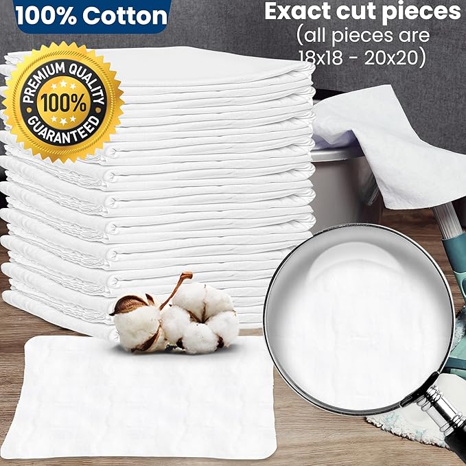 Nabob Wipers New Lint Free Cloth (7 Pack) - 100% Cotton Cleaning Rags Exact Cut - Premium White Rags for Cleaning House - White Rags for Dusting, Staining, Polishing, Painting 18"x18"