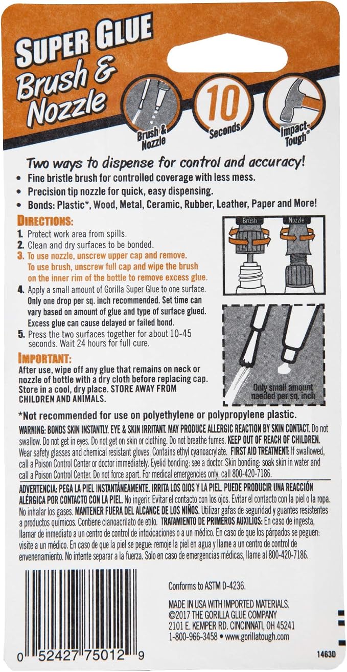 Gorilla Super Glue with Brush & Nozzle Applicator, 12 Gram, Clear, (Pack of 12)