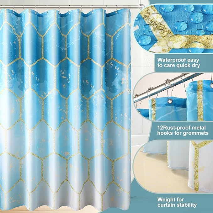 25 Pieces Bathroom Set Teal and Gold Bathroom Accessories Set, Shower Curtain and Rugs, Trash Can, Toilet Brush, Soap Dispenser, Soap Dish, Toothbrush Holder, Tumbler, Tray, Qtip Holder
