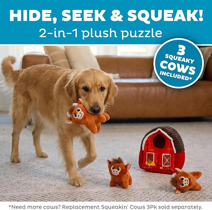 Outward Hound Hide-A-Cow Dog Toy, 2-in-1 Interactive Hide & Seek Plush Puzzle with Barn & 3 Squeaky Highland Cows