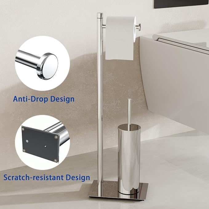 RUACQ Toilet Paper Holder Stand with Toilet Brush and Holder Set, 304 Stainless Steel Bathroom Toilet Tissue Paper Roll Holder Free Standing, Weighted Base, Heavy Duty (Chrome)