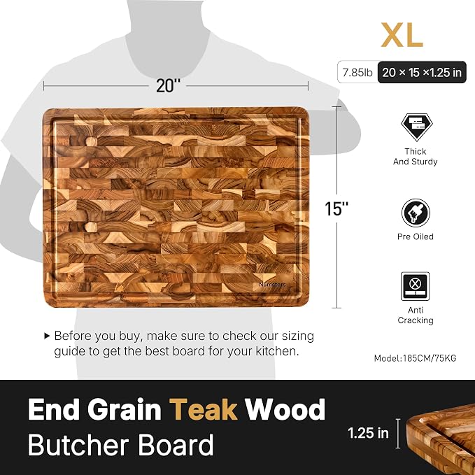 Teak Wood Extra Large End Grain Cutting Board for Kitchen with Non-slip Feet, Heavy Duty Checkered Cutting Board Handcrafted Luxury Chopping Board for Cheese and Vegetables Housewarming Gift