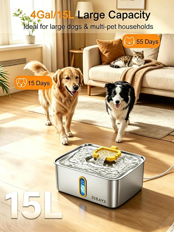 SIBAYS 4Gal/15L Stainless Steel Large Dog Water Fountain, Ultra Quiet Automatic Pet Water Fountain, Dog Water Bowl Dispenser with Water Level Window and LED Light, Easy to Clean(FS78, Silver-Yellow)