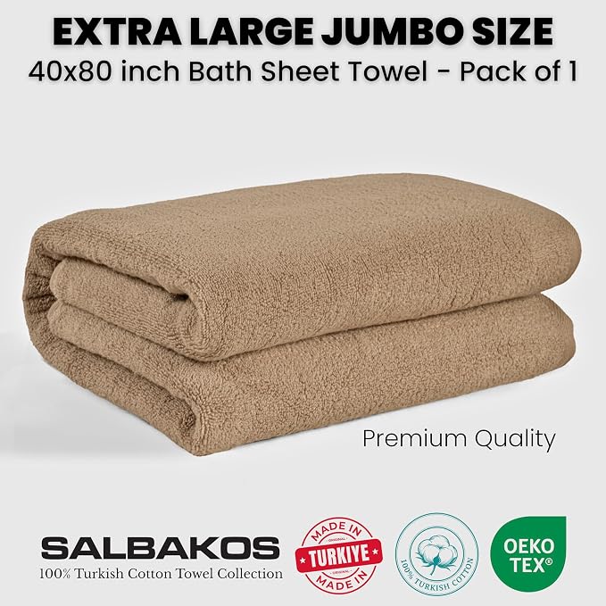 SALBAKOS Luxury 100% Turkish Cotton Bath Sheet 40x80 in (1-Piece, Taupe) | Extra Large Jumbo Oversized Bathroom and Beach Towel, Super Soft Highly Absorbent Thick Premium Hotel Quality, Made in Turkey