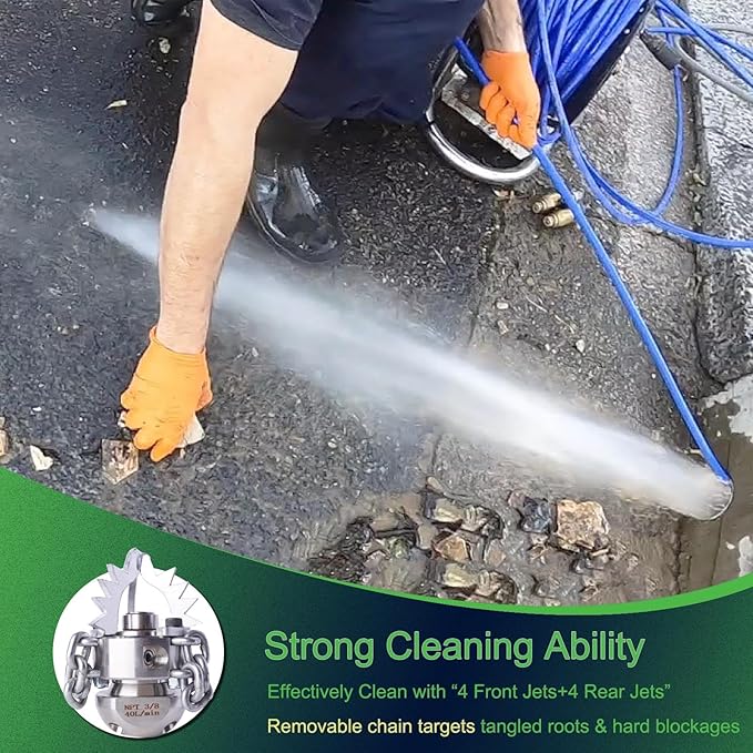 3/8 NPT Sewer Jetter Rotating Nozzle - Cutting Roots, for 2900 psi, 40L/Min (10.57GPM) Pressure Washers, Stainless Steel Drain Cleaning Tool, for Household sewers, Commercial Pipelines