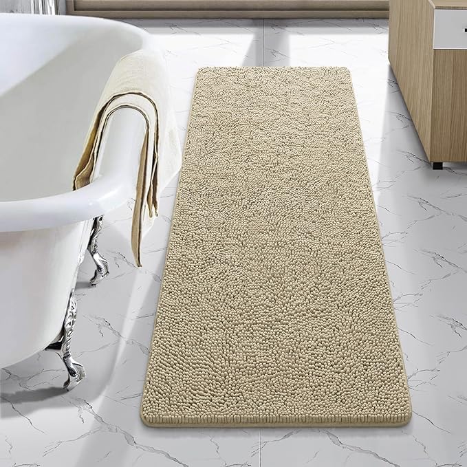 LOCHAS Luxury Bathroom Rug Shaggy Bath Mat 48 x 17 Inch, Beige | Washable Non Slip Bath Rugs for Bathroom Shower, Soft Plush Chenille Absorbent Carpets