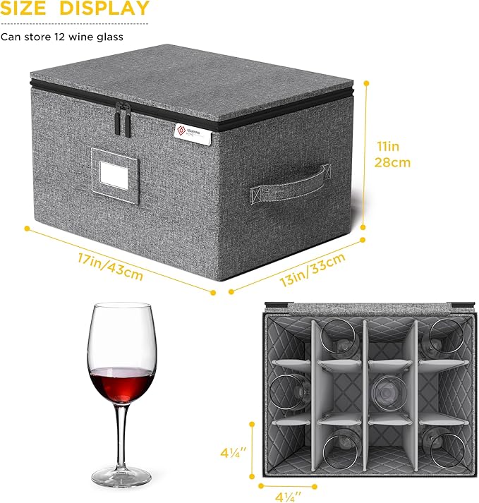 Wine Glass Storage Box with Dividers,Hard Shell and Stackable Stemware Storage Containers with Sturdy Handle for Glassware Crystal Storage and Transport,Grey,Holds 12