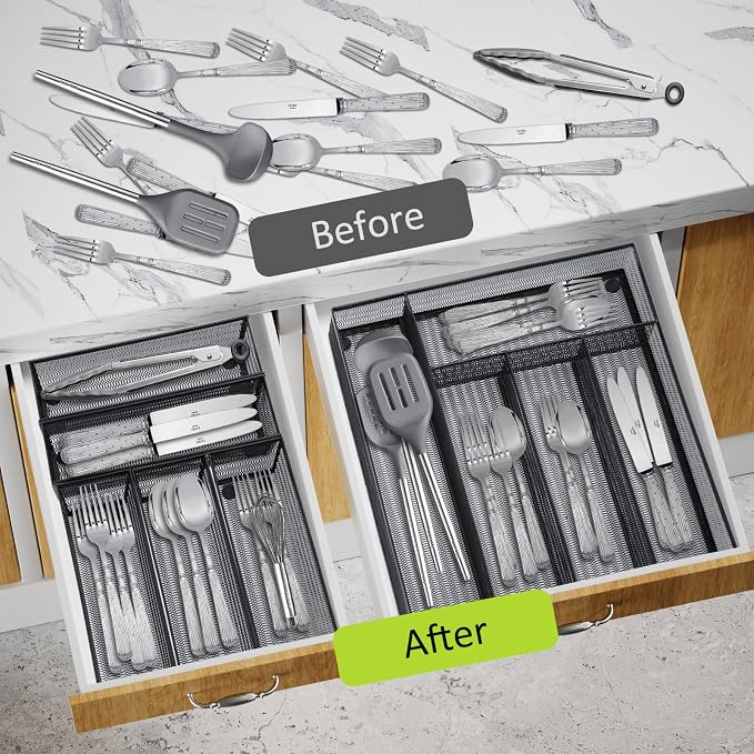 Neudeco Drawer Organizer Set, Black Mesh, 6 Pack | 5-Compartment Silverware Organizer Tray, 5 Utensil Trays, For Flatware, Cutlery, Office Supplies, Non-Slip