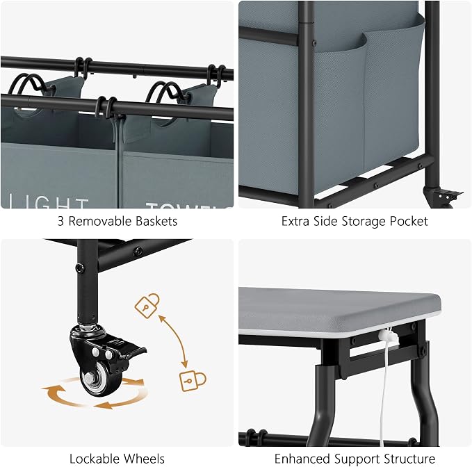 Hoctieon 3 Section Laundry Sorter with Iorning Board, Laundry Hamper, Gray | Lockable Wheels, Laundry Basket Organizer, Heavy Duty Clothes Separator, Removable Bags, Laundry Cart for Bedroom, Bathroom