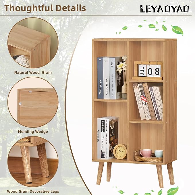 LEYAOYAO 5 Cube Bookshelf, Mid-Century Modern Book Shelf with Legs, Natural | 3 Tier Bookcase, Rustic Wood Bookshelves Freestanding Small Storage Organizer, Open Shelves for Bedroom, Living Room, Office