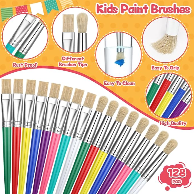 128 Pcs Paint Brushes for Kids Paint Brushes Bulk Toddler Children Paint Brush Set Large Chubby Paintbrushes Flat and Round Paint Brush for Washable Paint Acrylic Paint Preschool Art Supplies Craft