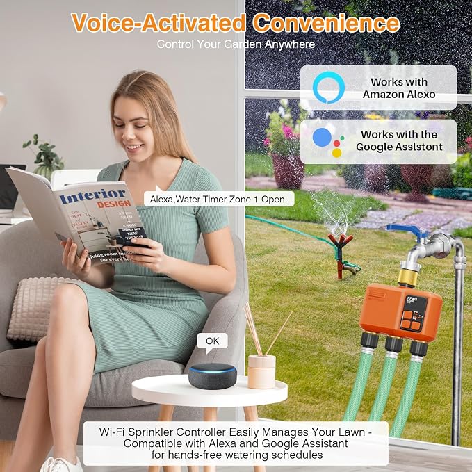 WiFi Water Timer for Garden Hose 3‑Zone, Smart Hose Timer with 984ft Long‑Range & Strong Wall‑Penetration, APP & Control,Voice Control, Rain Delay & Manual Mode, Brass Inlet & Outlet