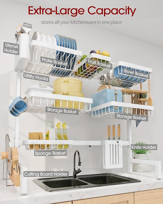 Sakugi Dish Drying Rack Over The Sink, Dish Drainer for Kitchen Counter | Stainless Steel Storage Organizer with Utensil Knife Holder & Hooks, Adjustable 11.8"Dx31.5"~39"Wx30"H, White