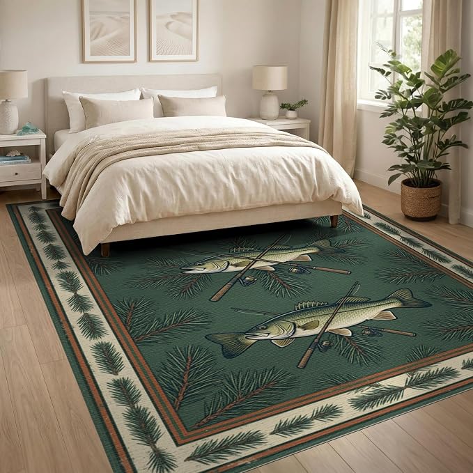 8'x10' Washable Area Rug Bass Vintage Lake Cabin Angler Lure Tackle Motif Fish Fishing Refined Structured for Dining Room, Large Office, Lounge, Non-Slip Chair-Friendly