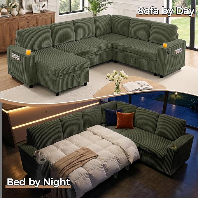 106 in L-Shaped Sectional Sleeper Sofa Couch for Living Room, Green | Pull Out Bed, 7 Seat Modular Design, Hidden Storage Space, USB Charging, Cup Holders, Soft Corduroy Fabric, Easy Assembly