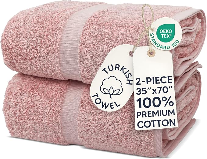 Chakir Turkish Linens 2 Piece Large Bath Sheets, 100% Cotton Luxury Turkish Towels for Bathroom, Soft Absorbent Oversized Bath Towels, 35 x 70 Inches, Pink