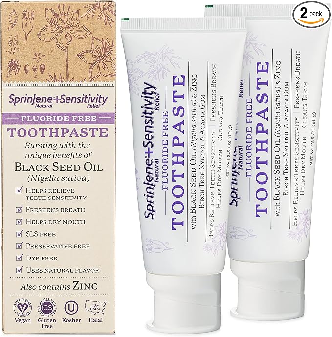 SprinJene Sensitive Relief Fluoride Free Toothpaste - Patented Natural Toothpaste with Black Seed Oil & Zinc - Made in The USA - Vegan Non Fluoride for Fresh Breath Preservative Free (2 Pack)