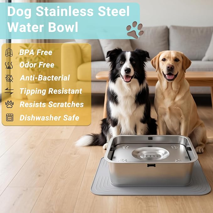 15L/3.96Gal No Spill Dog Water Bowl, Non-Slip Mat for Large Dogs | Spill Proof Water Bowl with 304 Stainless Steel Floating Disk, Slow Drinking Pet Bowl for Messy Drinkers, Indoor/Outdoor