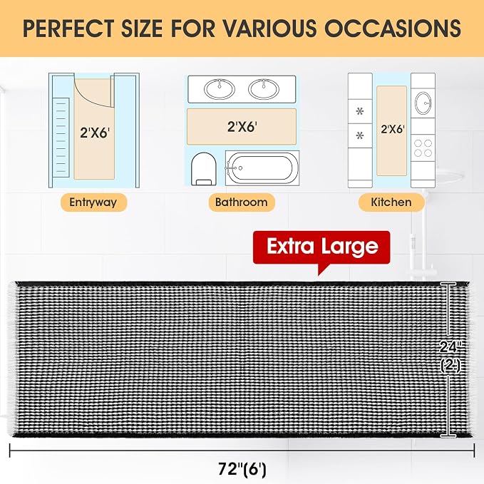IM HOME Extra Large Waffle Bath Mat Black & Cream 6'x2'(72" x 24"), Boho Woven Modern Bath Mat Rugs, Absorbent Non Slip Bathroom Rugs, Soft Washable Bath Rugs with Tassels for Bathroom