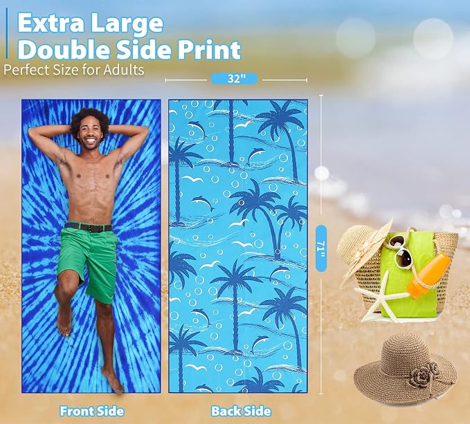 TwoYek Microfiber Beach Towel Extra Large 71x32 inches Blue Tie Dye Print | Thin Lightweight, Sand Free, Super Absorbent Quick Dry, Oversized for Travel Pool Swim Bath Accessories Vacation Essentials