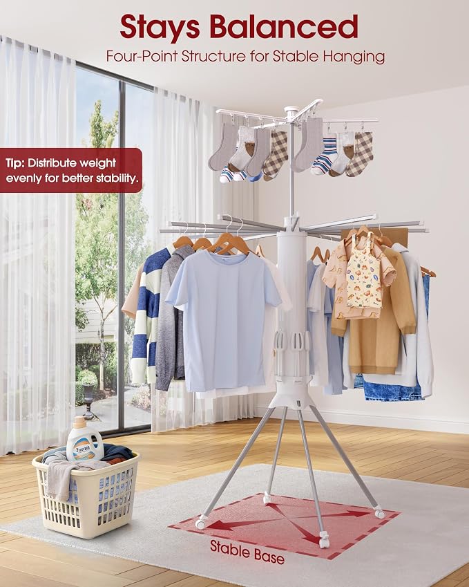 Sakugi Foldable Clothes Drying Rack – Collapsible Laundry Rack with 12 Steel Arms, 4-Leg Stable Base, Reinforced Frame with Clips & Shoe Holders for Indoor Outdoor Use, 44" D x 44" W x 71" H, White