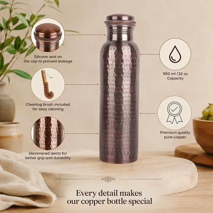 Alpha Living Home Copper Water Bottle 34 Oz Extra Large, Real Water Bottle, Pure Copper Drinking Bottle, Antique Hammered Ayurvedic Bottle for Drinking Water, Leak Proof Cap with Cleaning Brush