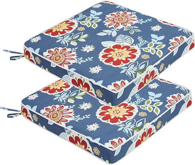 JMGBird Outdoor Chair Cushions Set of 2 - Waterproof Patio Seat Cushions 19x19 Inch with Ties, Blue Flower Floral Pattern High Density Foam Square Cushions for Garden Furniture