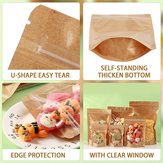 150 Pack Kraft Paper Bags with Clear Window 6x9 Reclosable Small Stand Up Mylar Bags for Food Storage Resealable Smell Proof Pouch, Edible Packaging, Reusable bags for Small Business