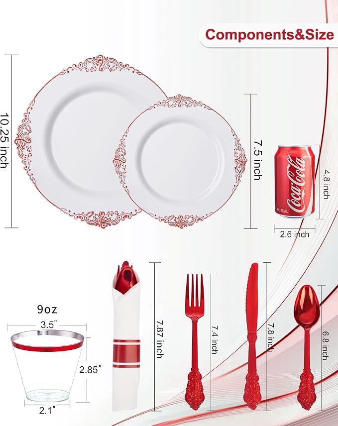 Nervure 350PCS Red Plastic Plates - White Red Plastic Dinnerware Set for 50 Guests - 100 Red Disposable Plates, 50 Pre Rolled Cutlery Set, 50 Cups Perfect for Wedding & Party