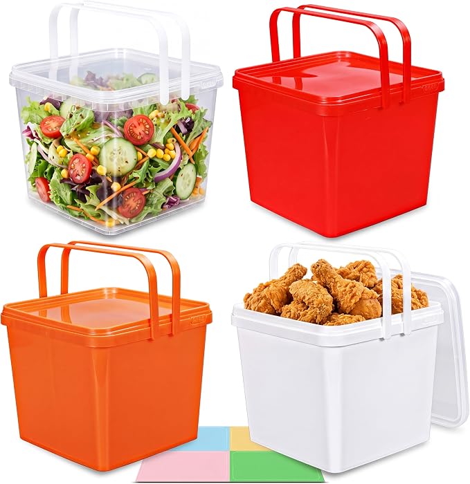 Bucket with Lid - 4 Packs Square Clear Plastic Storage Containers, Food Safe with Handle, Airtight Pressure Lids for Kitchen & Home (Mixed Colors, 1.3 gal)