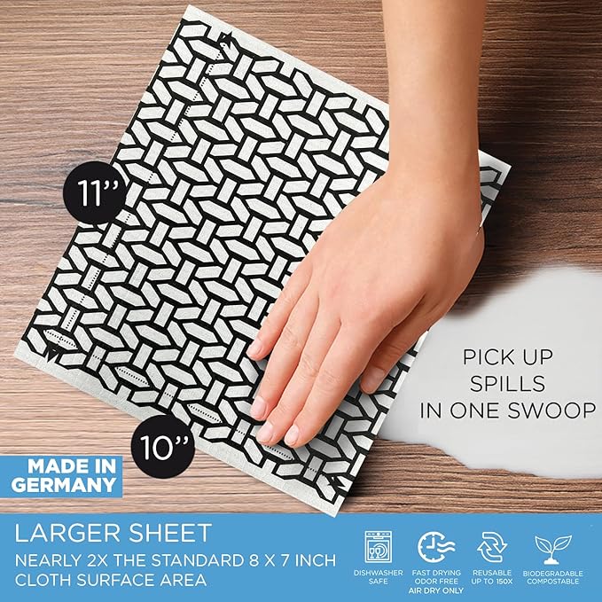 LOLA Swedish Dishcloths XL on a Roll, 30 Sheets, Geometric Pattern, Perforated 11" x 10" Sheets w/Hook, Reusable Absorbent Unpaper Towels Cellulose Sponge Cloth Biodegradable Made in Germany