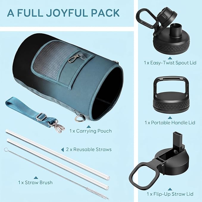Coolflask 128 oz Gallon Water Bottle Insulated with Straw&3 Lids, Water Jug Large Stainless Steel Metal Vacuum Wide Mouth for Sports, Gym or Office, Non-BPA Keep Cold 48H Hot 24H, Samurai Cyan