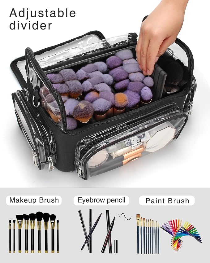 Makeup Brush Bag, Makeup Brush Case for Makeup Artist with Plastic Dividers Washable, Portable Travel Makeup Train Case with Clear Waterproof Cover for Easy to Clean and Find with Adjustable Strap